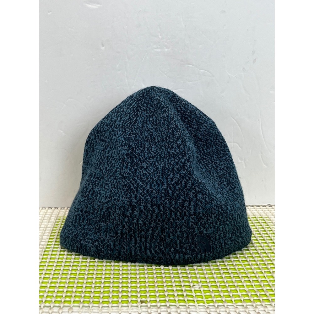 The North Face Bones Beanie One Size Teal Black Marled Knit Fleece Lined Hat EUC